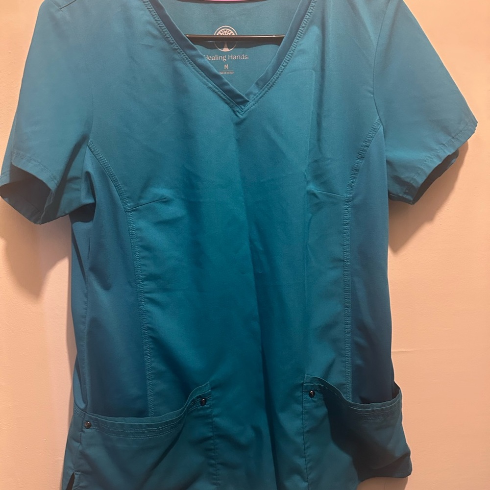 Healing Hands Blue Fitted Short Sleeve V-Neck Top